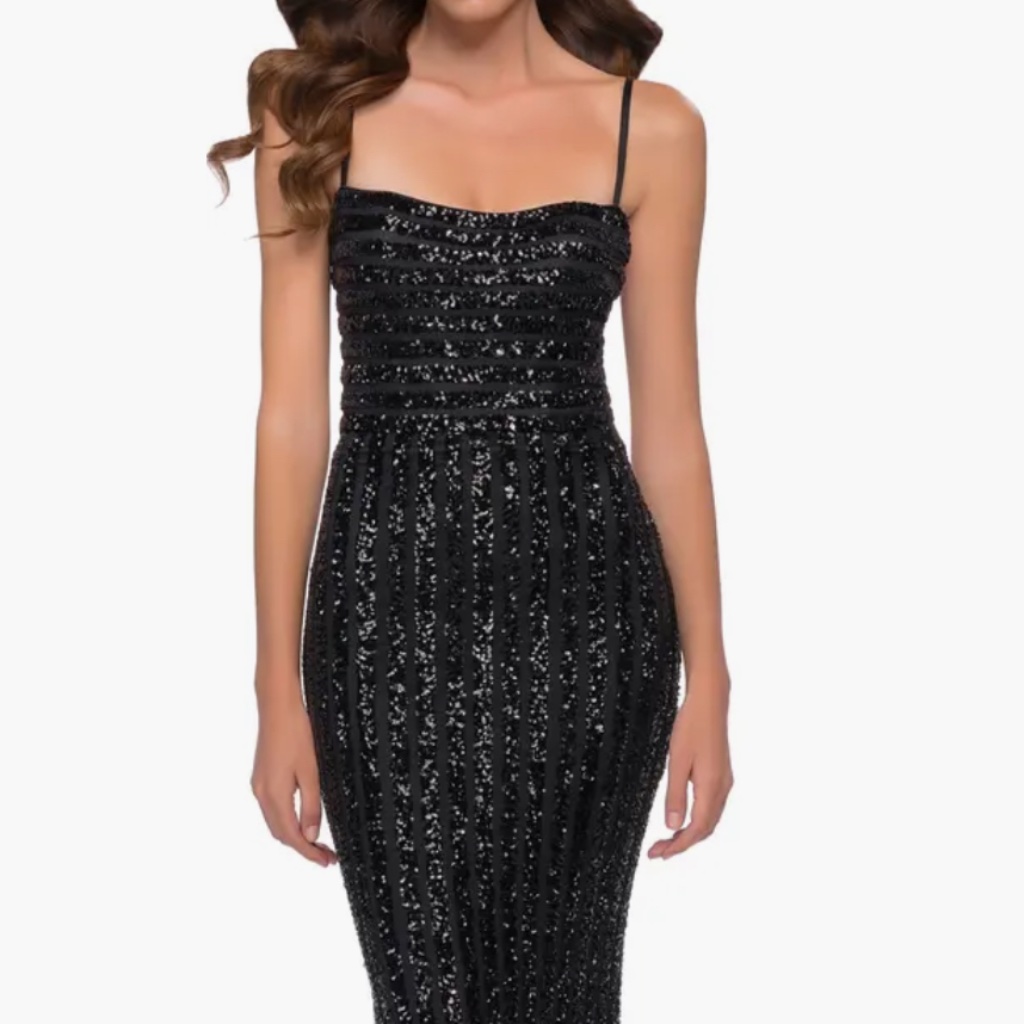 La Femme Stripe Pattern Sequin Evening Gown